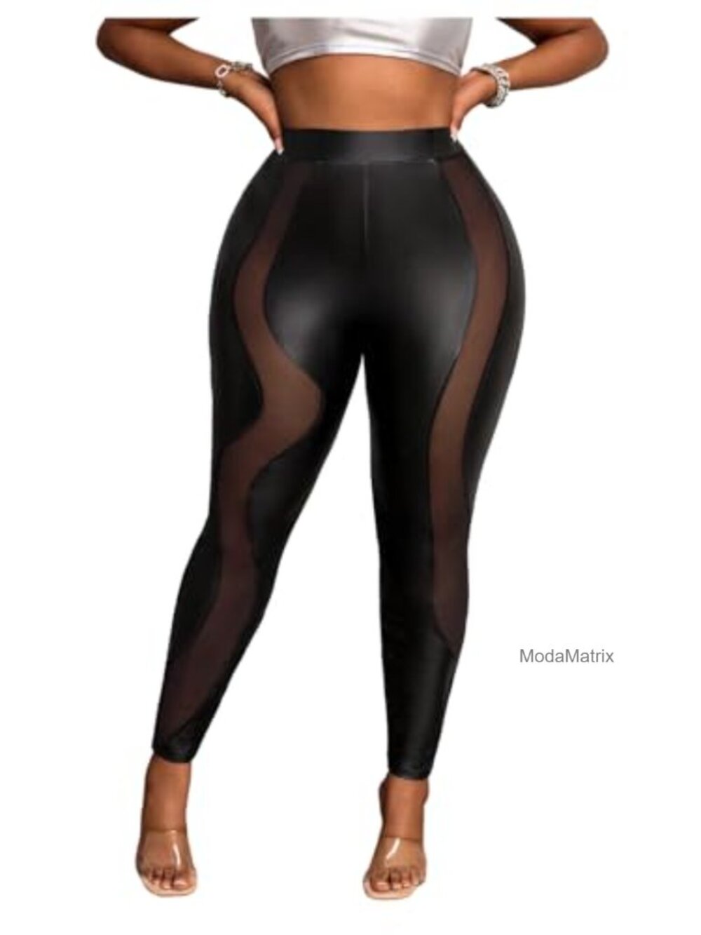 Faux Leather High Waisted Skinny Leggings Contrast Mesh Pants